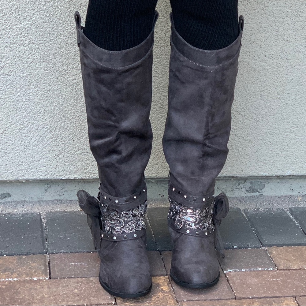 Boho Charcoal Grey Distressed Knee High Boots - Picture 8 of 8